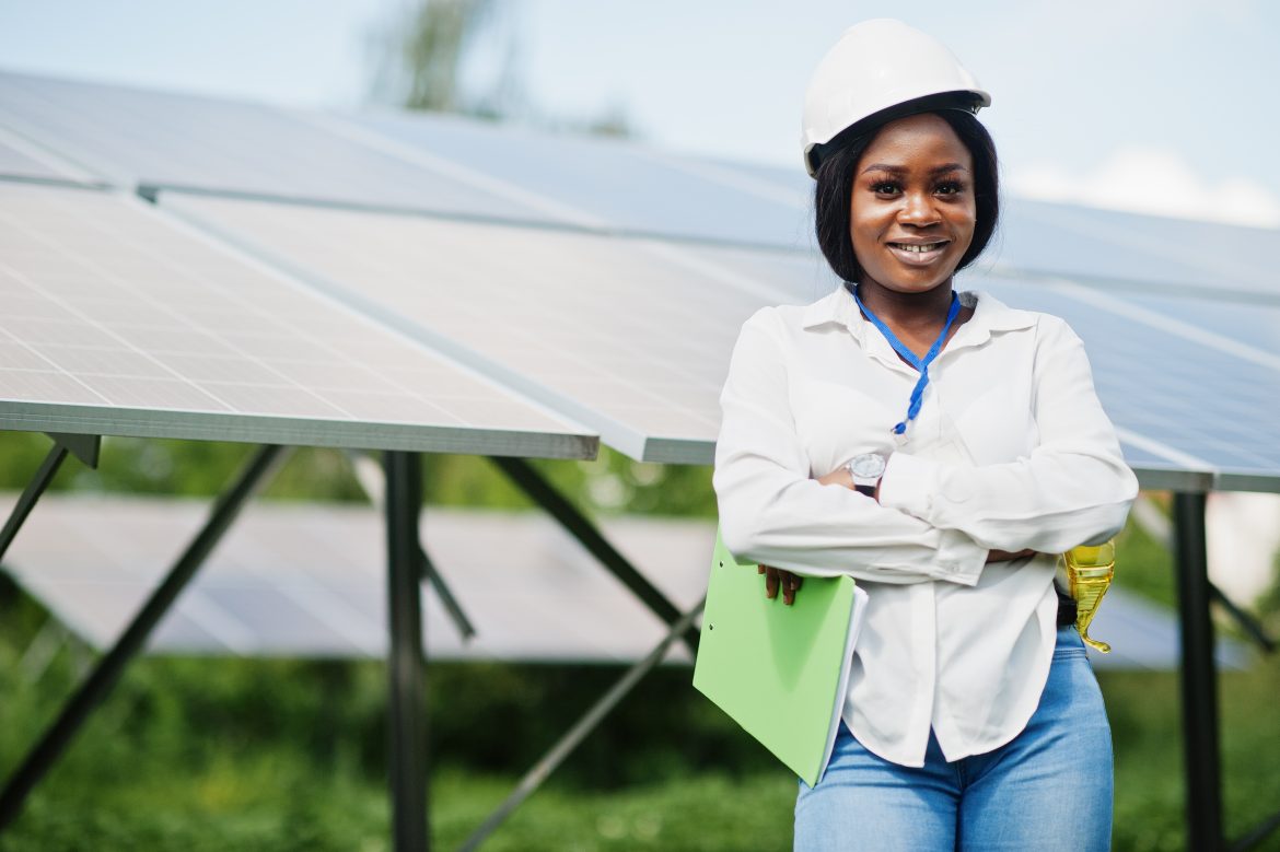 African american technician check the maintenance of the solar p