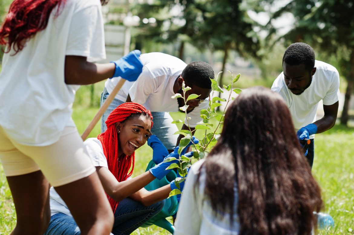 Group of happy african volunteers planting tree in park. Africa