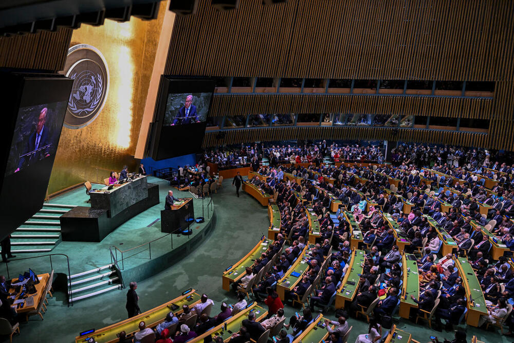 UF1AIYN 23 September 2025, New York City, USA. Antonio Guterres the Secretary-General of the United Nations speaks during the General Assembly - 80th Session, Opening of the General Debate at UNHQ in New York City, USA. Photo credit must be given: ©FAO/Roberto Schmidt. Editorial use only. Copyright ©FAO.