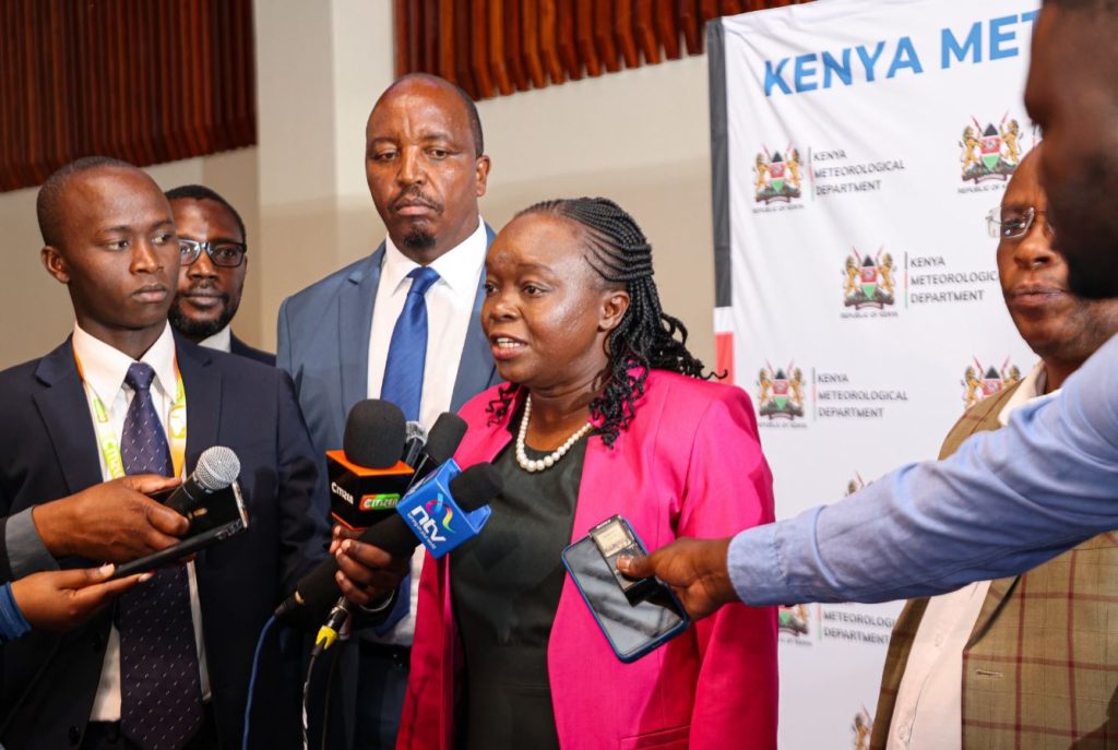 Dr. Deborah Barasa, Cabinet Secretary for Environment, Climate Change and Forestry, engages media at the 12th National Climate Outlook Forum.