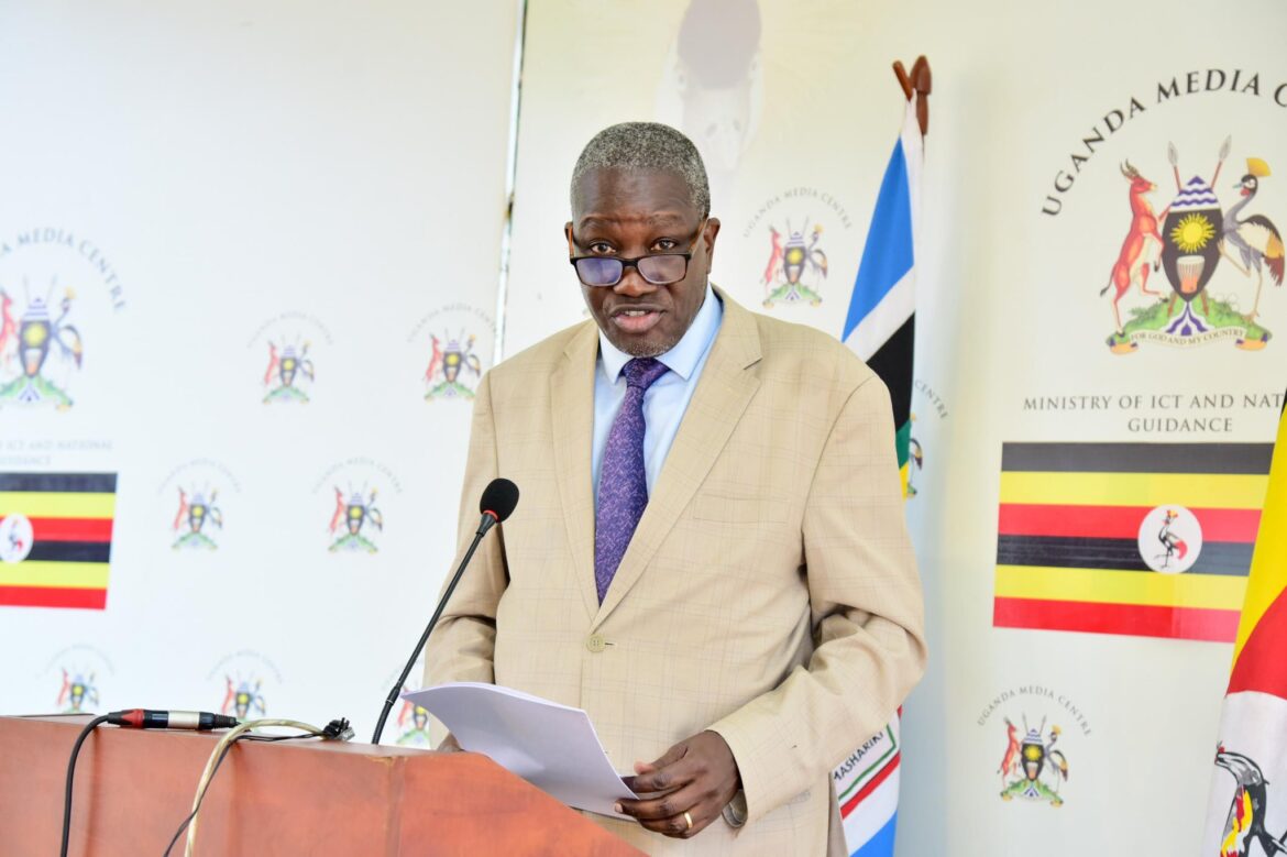 Dr. Alfred Okot Okidi, Permanent Secretary at the Ministry of Water and Environment, delivers the official release of Uganda’s June–August 2026 Seasonal Climate Outlook at the Uganda Media Centre.